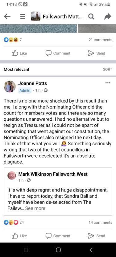 Joanne Potts commenting on Wilkinson de-selection