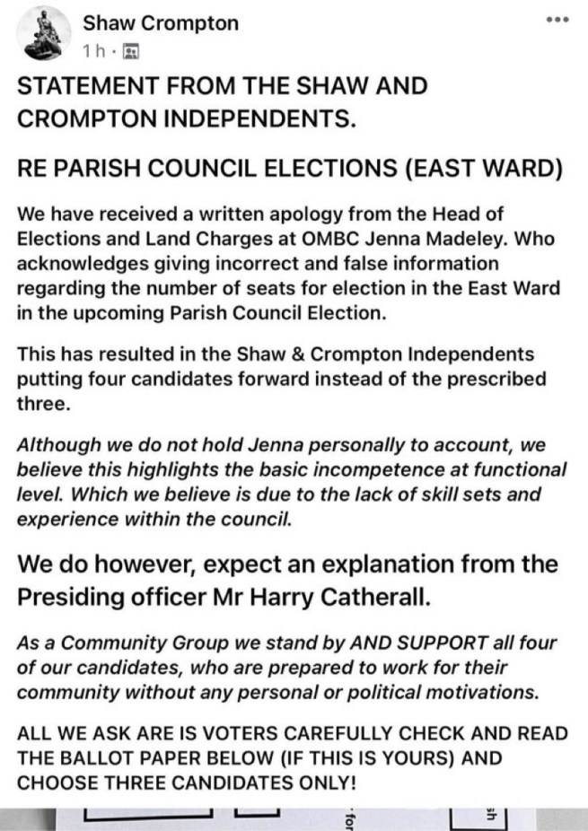 OMBC election gaffe Shaw and Crompton