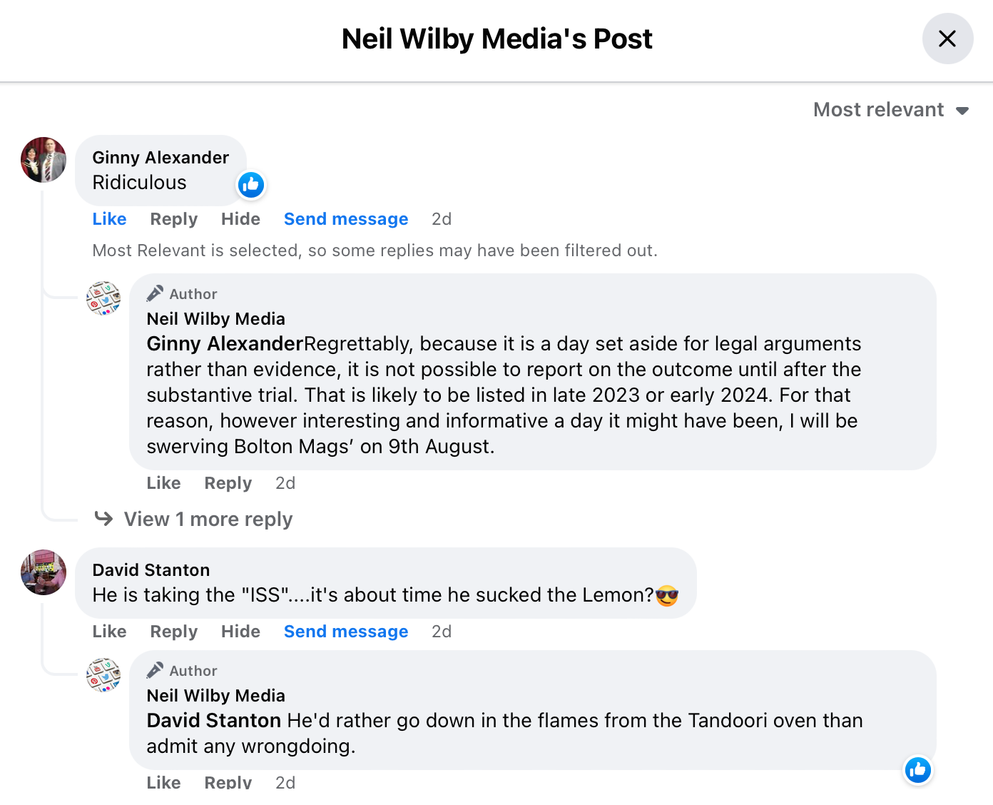 Ginny NW Dave Stanton convo re Miah court case